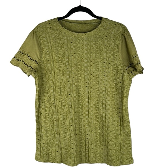 SHEIN Olive Eyelet Summer Boho Casual Short Sleeve Crew Neck Top Size Large - Picture 1 of 4
